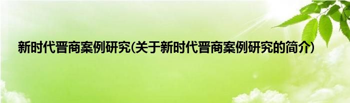 新时代晋商案例研究(关于新时代晋商案例研究的简介)